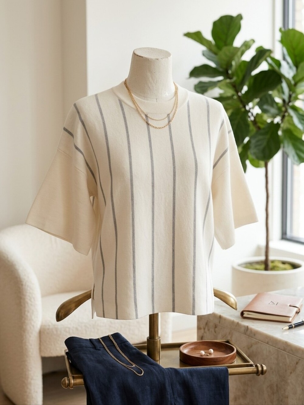 all:row Creamy White Gray Pinstriped Crewneck Sweater Bell Sleeve Top Blouse